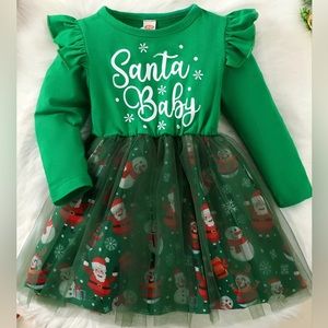 Baby Girls Mesh Dress Christmas Letter Snowman Print Long Sleeve Round Neck